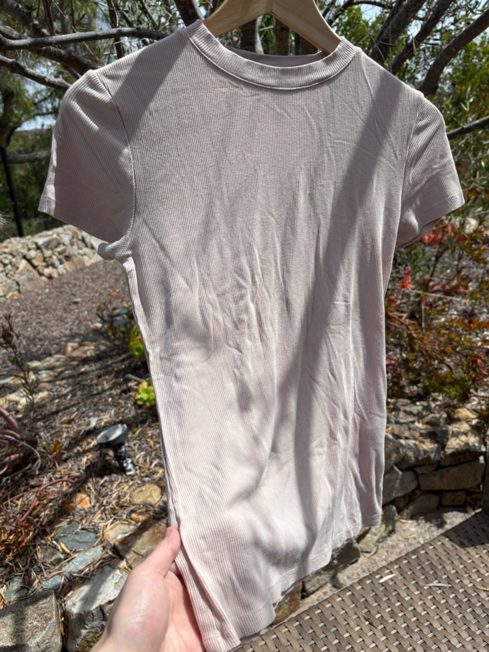 Theory Short Sleeve Ribbed Tee in Light Beige